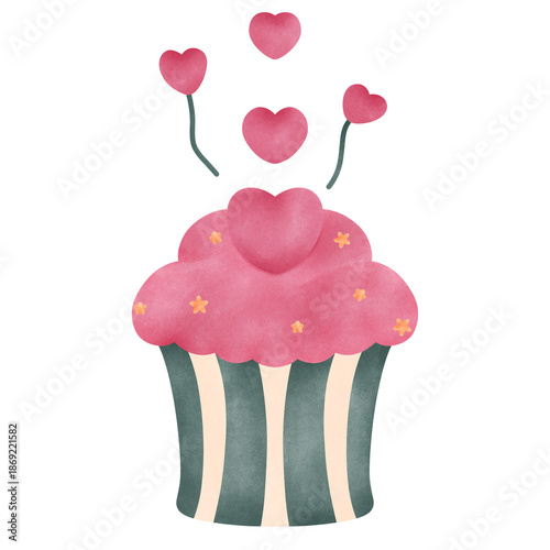 Watercolor cupcake topped with hearts, perfect for Valentine’s Day desserts, love designs, and sweet decorations.