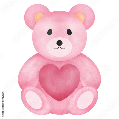 Watercolor teddy bear holding a heart in a soft Valentine illustration style, perfect for love gifts, cards, and cute designs.