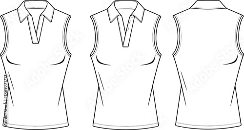 Cad drawing flat vector illustration, sleeveless shirt fashion template, garment sketch, apparel