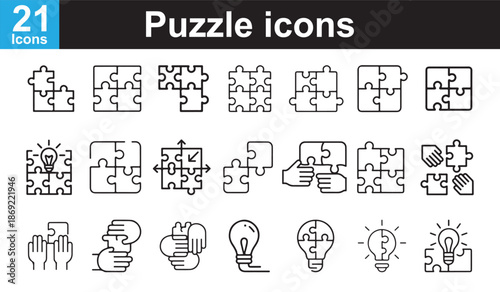 Set of puzzle icons, business problem solving concept, line style.