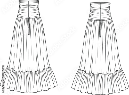 Cad drawing flat vector illustration, strapless tiered dress fashion template, garment sketch,