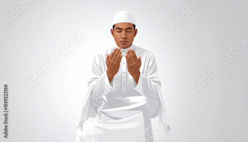Serene Muslim woman in contemplative pose before breaking fast, semi-realistic vector illustration