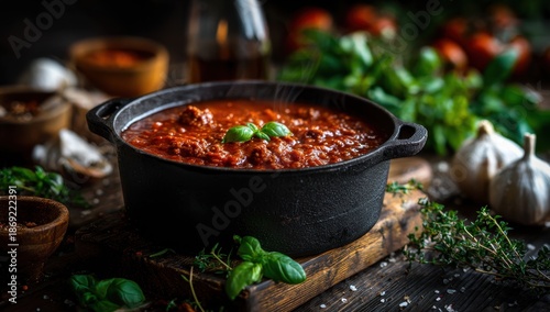 Rich Bolognese Sauce Simmering in Cast Iron Pot, Garnished with Fresh Basil on Rustic Wooden Table.