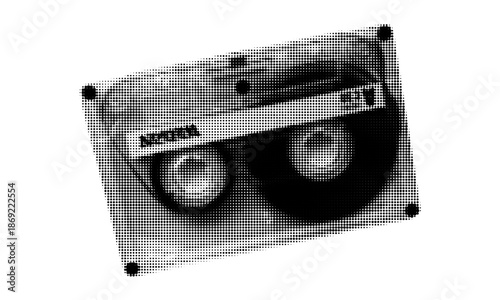 90s music tape design. Halftone cassette with vintage grunge and dotted texture.
