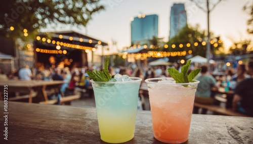 Two drinks with mint on a wooden table, people gathered in background at an outdoor concert or festival
