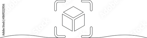 Minimalist outline illustration of a 3d cube within a digital scanning frame or augmented reality interface representing virtual objects and digital transformation concepts