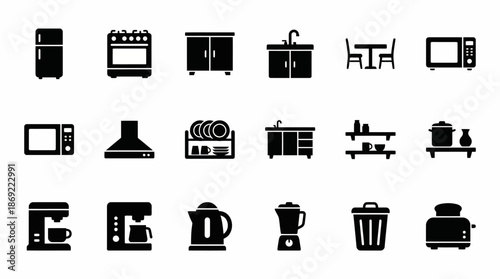 Collection of Black Kitchen Appliance Icons.