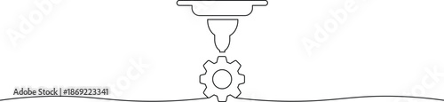Conceptual illustration of a 3d printer nozzle extruding a gear shape on a clean white background representing manufacturing and innovation
