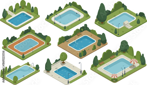 Isometric swimming pool collection illustration, outdoor public and private pools with trees benches lights, summer recreation landscape, leisure vector design