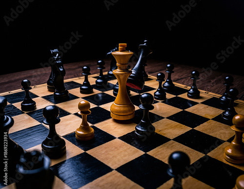 A cinematic close-up of chess pieces in a strategic mid-game battle on a dark wooden table. Dramatic lighting and no visible faces.