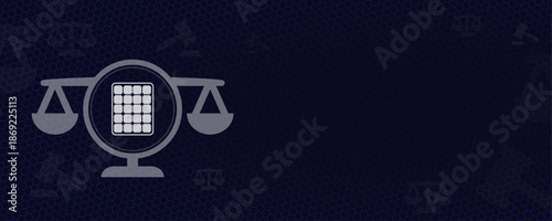 Renewable energy law and solar power justice concept with solar panel icon on scales and dark blue background with copy space and vektor graphic