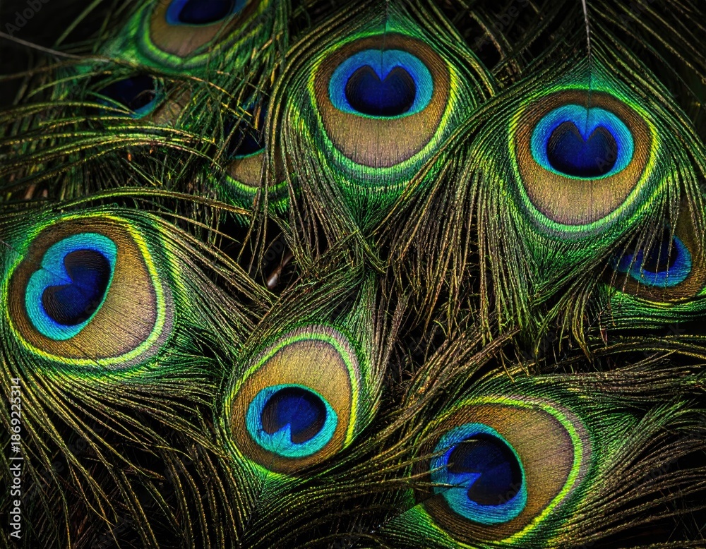 Fototapeta premium Close-up shot of vibrant, colorful feathers with distinctive eye-like patterns