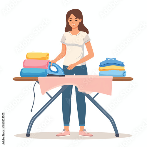 Woman ironing clothes on ironing board with piles of folded laundry nearby in a domestic setting