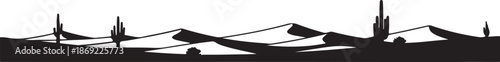 Black silhouette desert landscape with sand dunes and cactus plants vector design