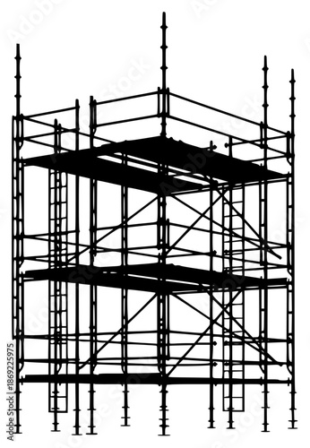 a black and white drawing of a tower under construction, black, building, construction, construction site, drawing, scaffolding, silhouette, tower, against transparent background