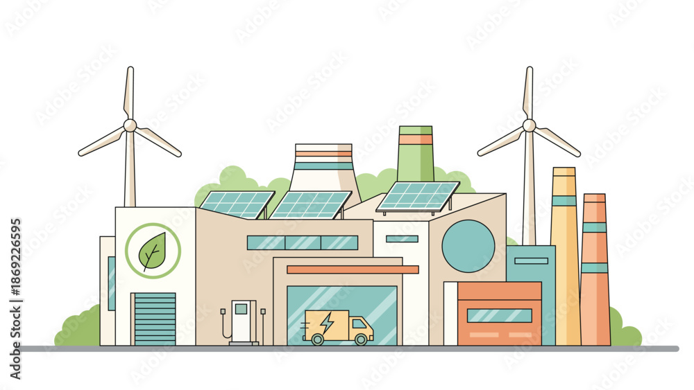 Fototapeta premium Sustainable industrial factory using solar panels wind turbines and electric truck for clean energy smart logistics and net zero manufacturing concept