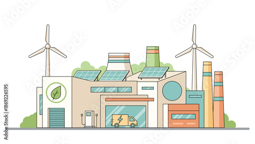 Sustainable industrial factory using solar panels wind turbines and electric truck for clean energy smart logistics and net zero manufacturing concept