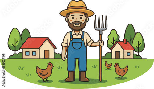 Happy cartoon farmer holding a pitchfork standing in a rural farm landscape with chickens and houses, vector illustration.