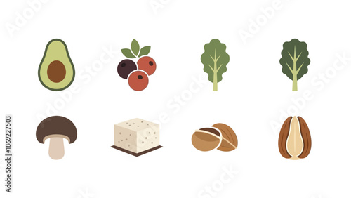Healthy food icons avocado, berries, spinach, mushroom, tofu, pistachios, and nuts, representing a balanced diet