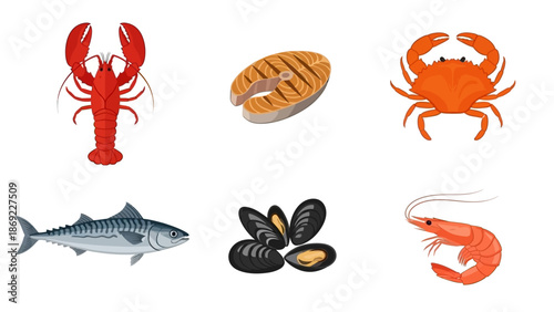 Assortment of Seafood Lobster, Grilled Fish, Crab, Mackerel, Mussels, and Shrimp - Delicious Food