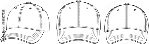 Baseball cap technical illustration, multiple views, front side perspective, headwear design outline, flat vector cad drawing fashion, apparel, template, accessory