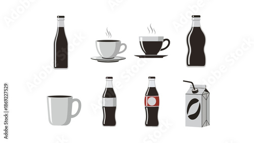 Variety of Beverages Coffee, Tea, and Soda Bottle Icons on a Clean White Background
