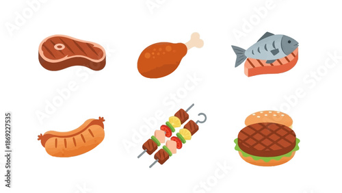 Delicious BBQ Food Collection Steak, Chicken, Fish, Sausage, Skewers, and Burgers - Perfect for Grilling