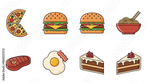 Delicious Food Icons Pizza, Burgers, Noodles, Steak, Eggs, and Cake - A Delightful Collection