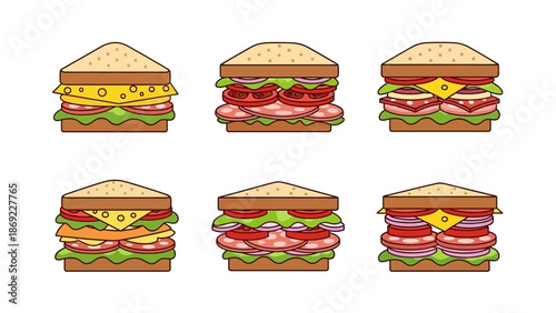 Six Delicious and Colorful Sandwich Illustrations with Various Fillings and Toppings for Culinary Designs