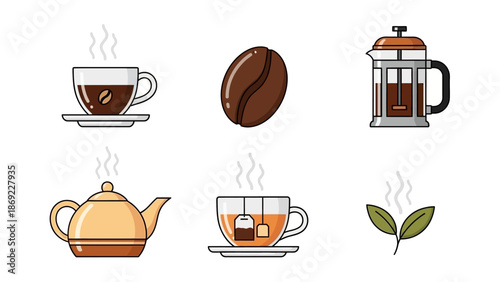 Variety of coffee and tea Icons of drinks, beans, teapots, cups, and leaves for design elements