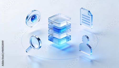 3d glass icons representing multilayer data storage database architecture visual monitoring search engine optimization document management and user profile analytics