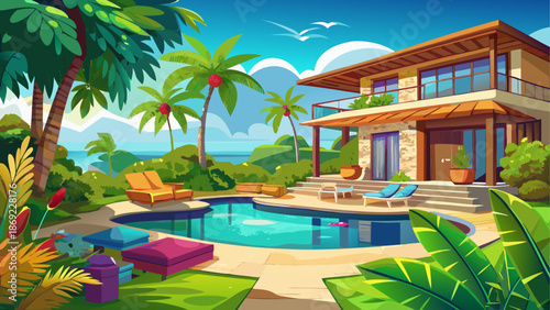 Luxury island villa backyard with private pool and tropical garden near beach