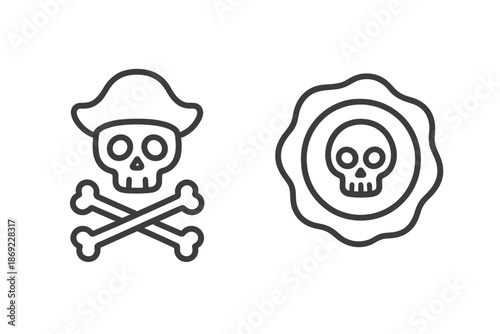 Minimal outline symbols of pirate skull and crossbones for danger and poison