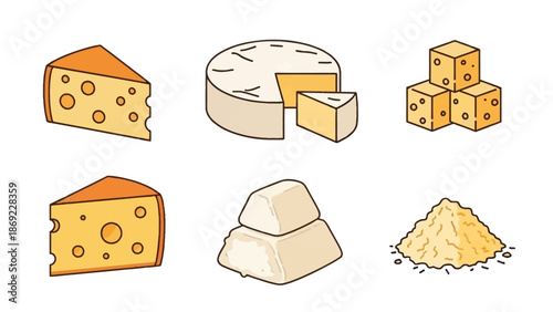 Various Delicious Cheese Types Illustration Gouda, Brie, Cubes, Feta, Parmesan