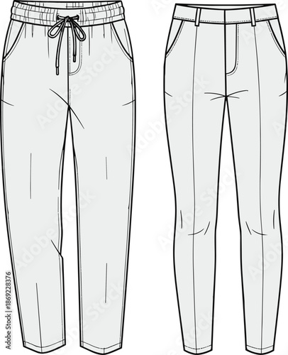 Jogger pants technical illustration, front back view, women trousers design, elastic waistband apparel outline, flat vector cad drawing fashion, template