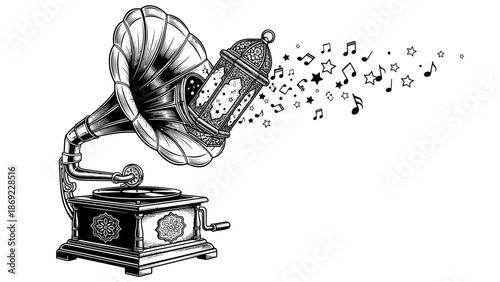 Vintage phonograph with lantern illustration radiating music and stars from the horn
