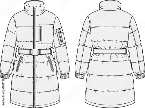 Long puffer jacket technical flat sketch, front and back view, winter fashion CAD vector illustration for outerwear clothing design