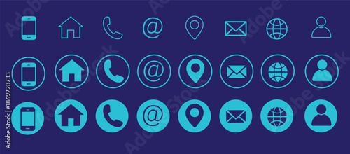 Business card icon set. Containing contact information, name, address, phone, e-mail, location, website, telephone, mail and more. Vector illustration.