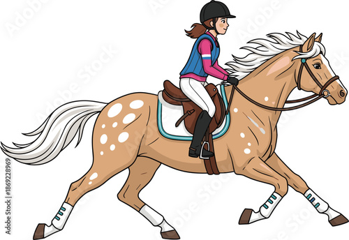 oung equestrian girl riding spotted horse show jumping training sport activity cartoon vector illustration isolated design dynamic horseback scene