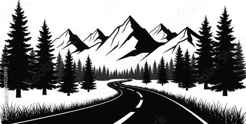 Mountain road landscape with pine forest and peaks scenic travel adventure nature black silhouette vector illustration isolated outdoor design