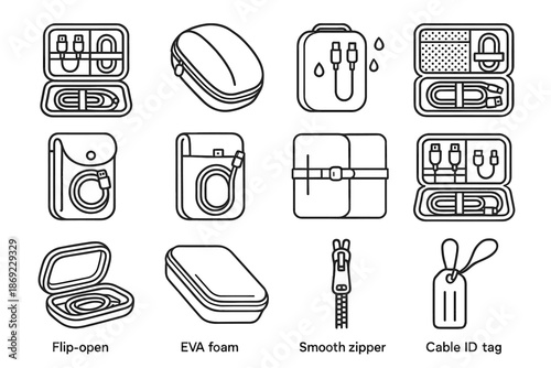 Zipper cable icon case design flexible icons eva waterproof pouch vector smooth