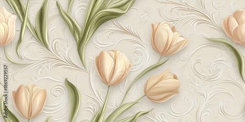 Elegant Cream Tulips with Intricate Leaf Patterns on Soft Textured Background