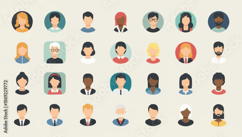 Collection of Diverse People Avatars Round and Square Icons.