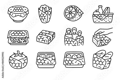 Compact fruit veggie wrap vector icons sealed cover icon snack reusable set