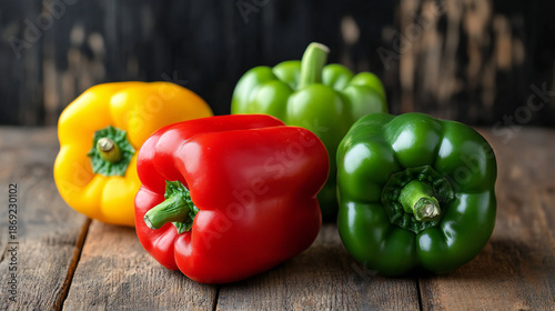 Vibrant assortment of fresh colorful bell peppers arranged on rustic wooden surface