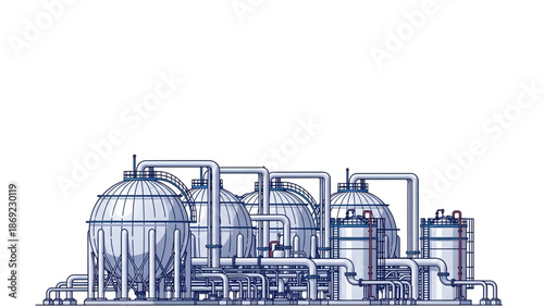  Gas Industrial Storage Tanks Vector Illustration Energy Storage Plant Line Art Industrial Tanks Connected by Pipes 