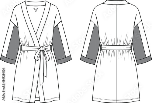 Women kimono robe technical illustration, front back view, belted dress design, contrast sleeve detail, apparel outline, flat vector cad drawing