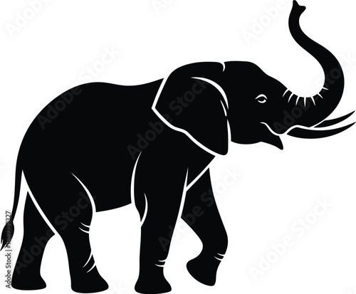 Elephant silhouette with raised trunk on white background silhouette