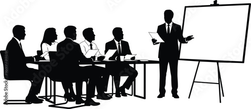 Business meeting silhouette with a presenter and audience in a conference room setting