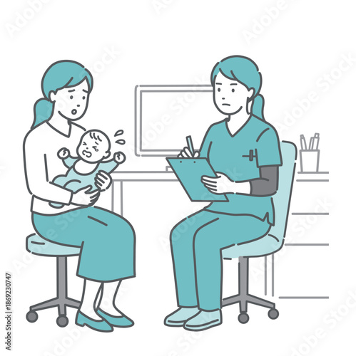 体調不良を訴える赤ちゃんと母親と女性医師・看護師（スクラブ・救急）